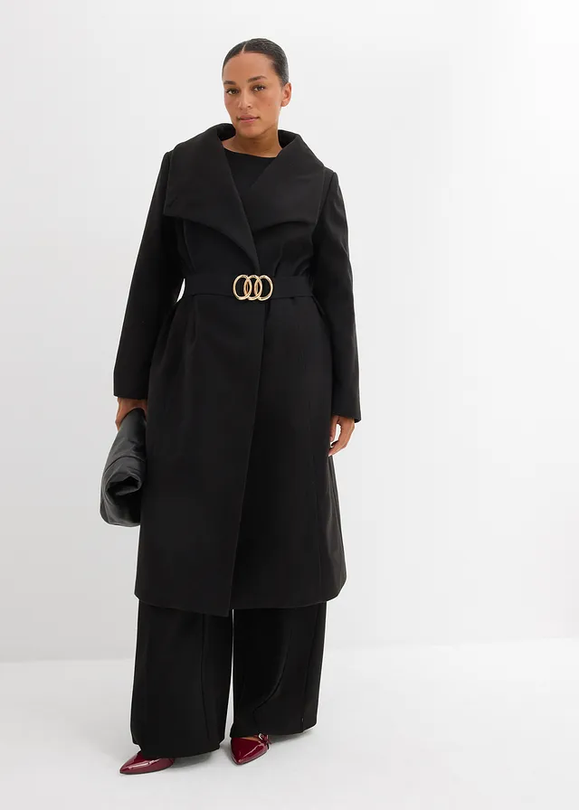Lange jas in wollook, Kleur: zwart