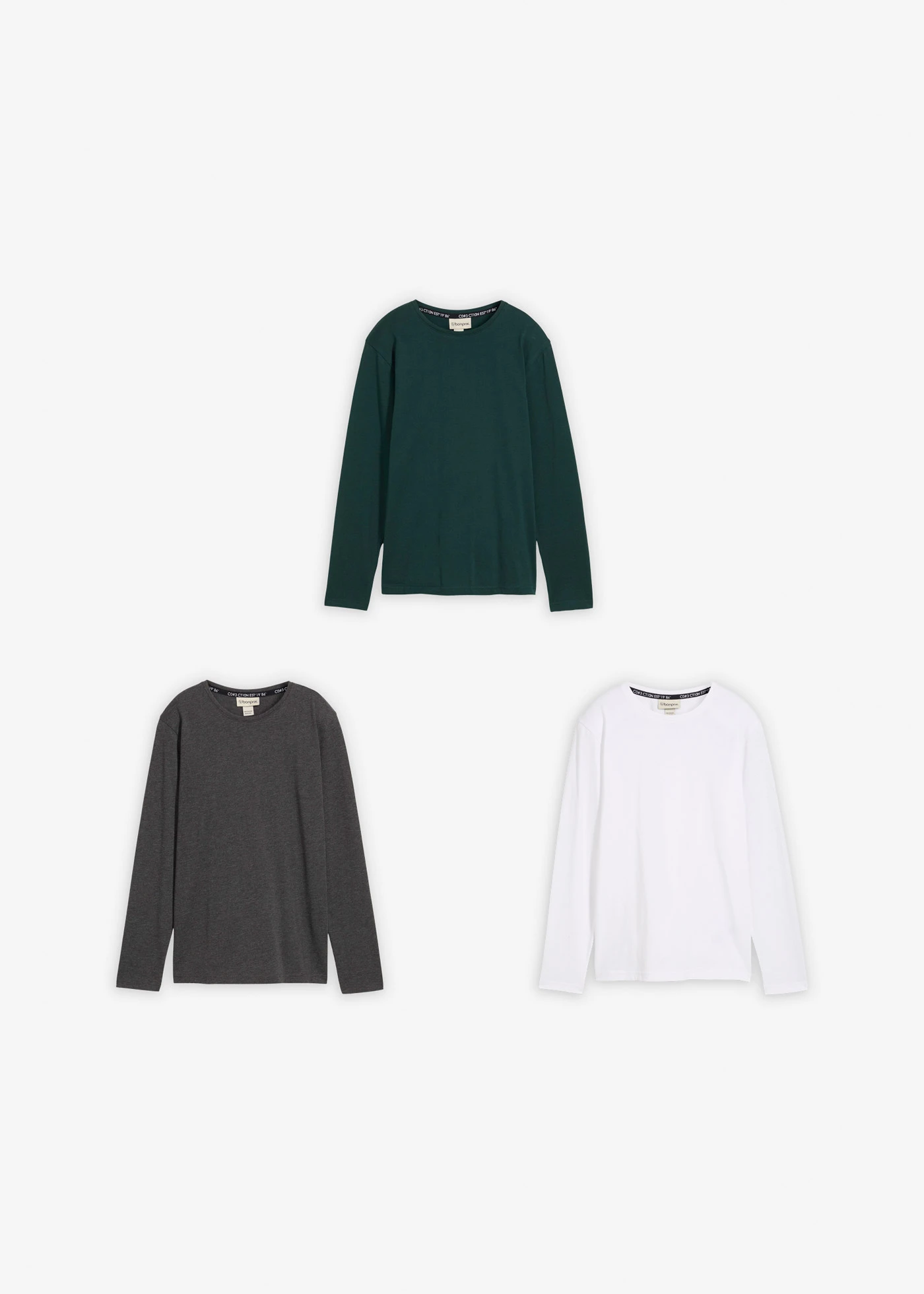 Tričko s dlouhým rukávem a organickou bavlnou (3 ks v balení) • bílá + antracitový melír + tmavě zelená • bonprix obchod