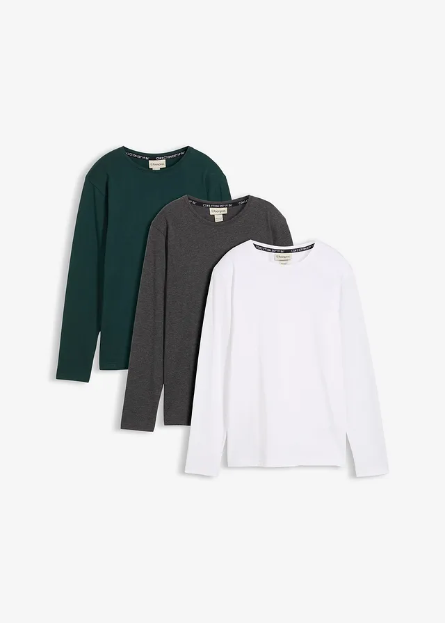 Lot de 3 T-shirts manches longues coton, Couleur: blanc+vert profond+anthracite chiné