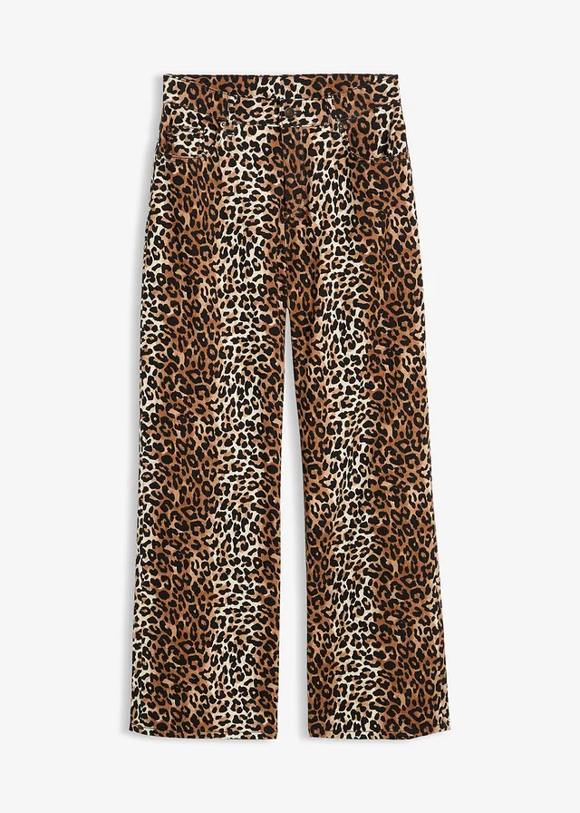 Wide leg jeans, mid waist, Kleur: ecru luipaardprint