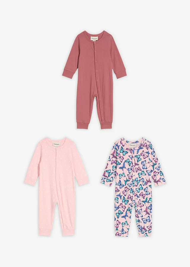 Lot de 3 combinaisons bébé 100% coton, Couleur: blanc + vieux rose + orchidée fumé floral
