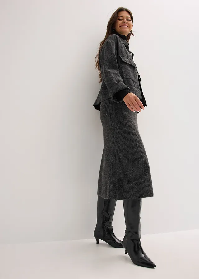 Gebreide midi rok antraciet gemêleerd