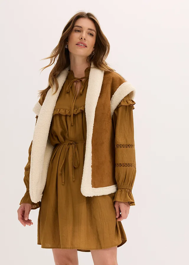 Gilet sans manches en sherpa, Couleur: cognac-écru