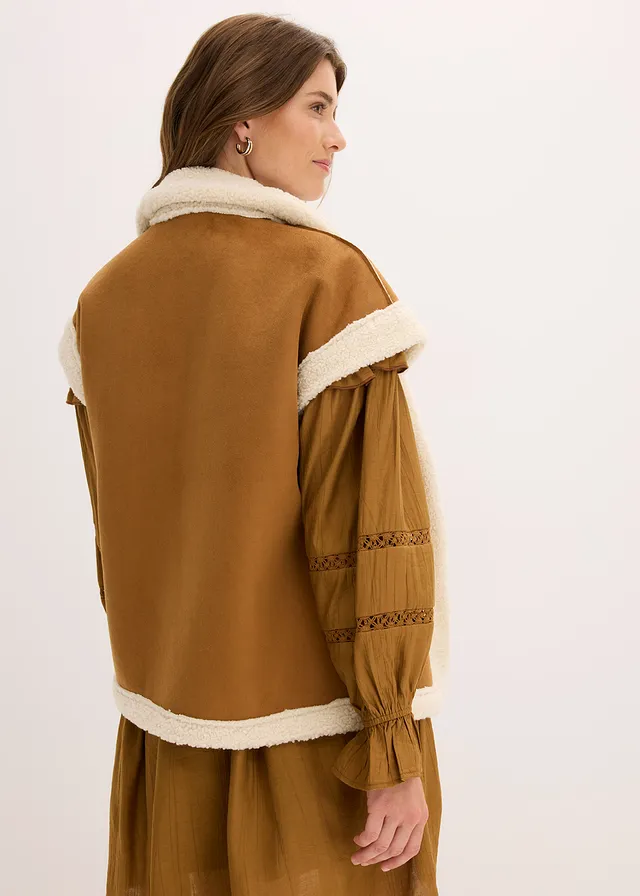 Gilet sans manches en sherpa, Couleur: cognac-écru