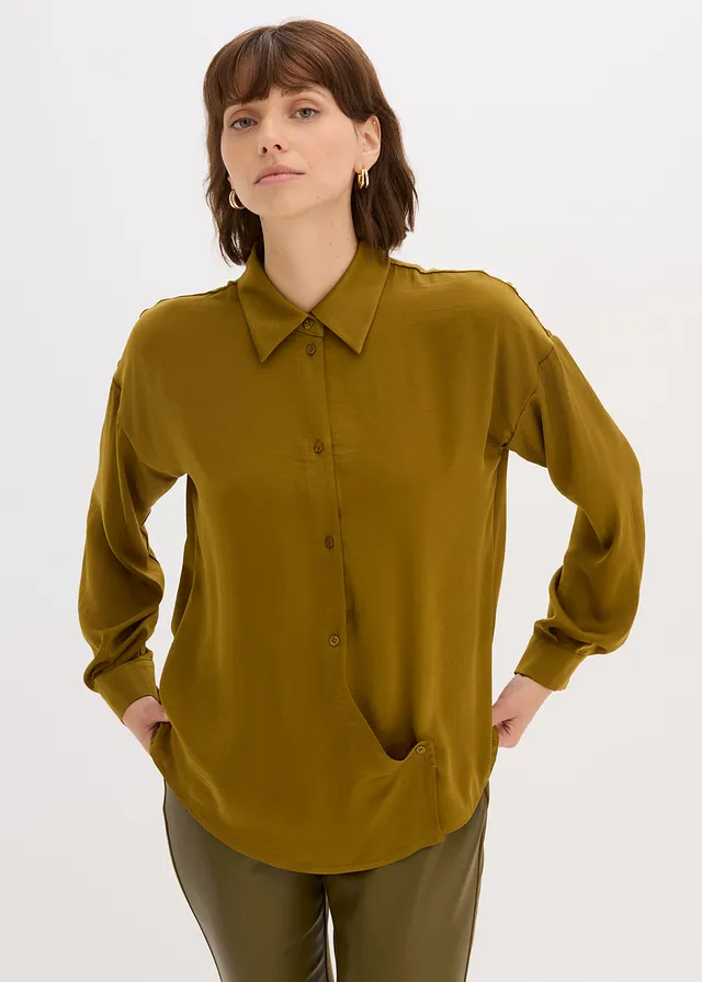Overhemdblouse van soepel satijn, Kleur: mistelgroen