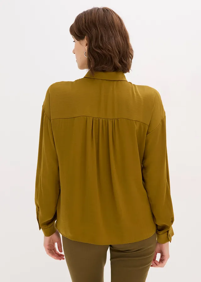 Overhemdblouse van soepel satijn, Kleur: mistelgroen