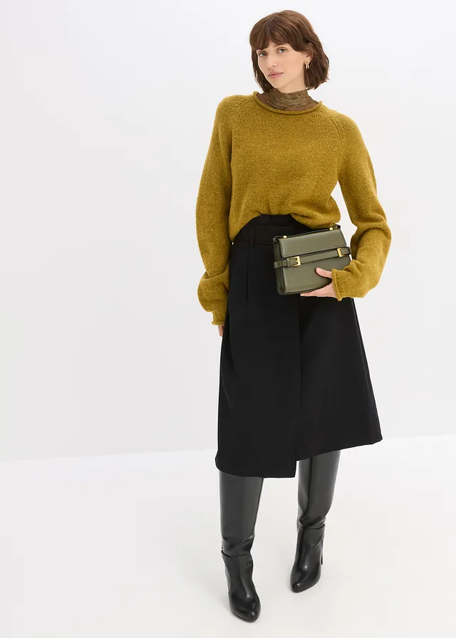 Midi rok van viscose-mix, Kleur: zwart