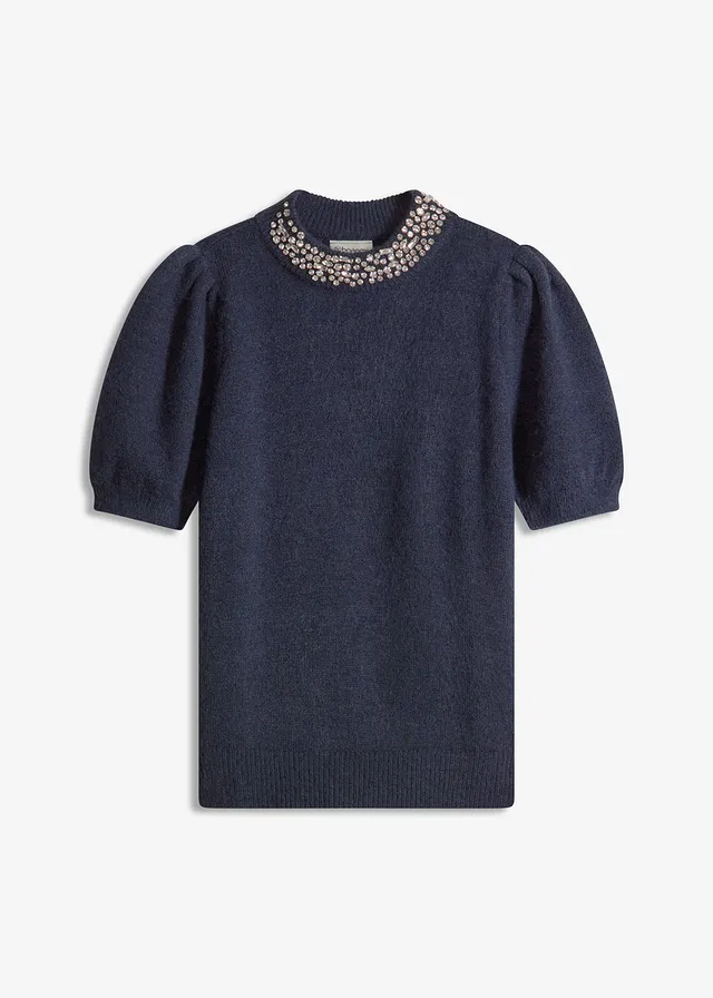 Pull avec application de strass, Couleur: bleu foncé-bleu nuit chiné