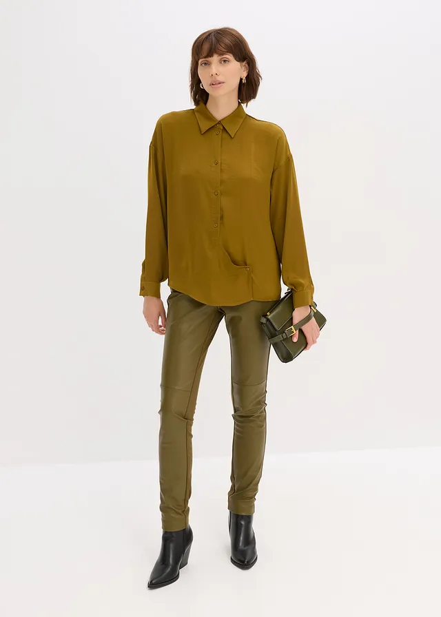 Overhemdblouse van soepel satijn, Kleur: mistelgroen