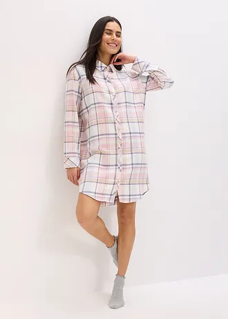 Tkaná noční košile z flanelu, s knoflíkovou lištou, barva: pudrově modro-popelavě růžová kostka