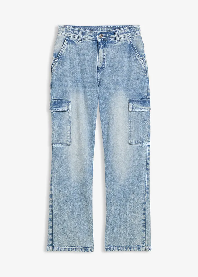 Wijde cargo jeans, mid waist, Kleur: ijsblauw denim