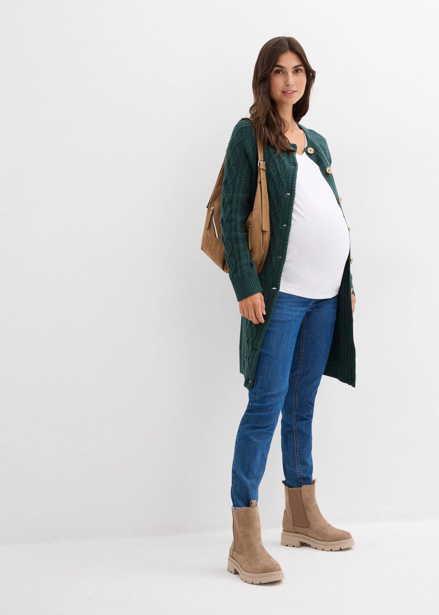 Velmi dlouhý těhotenský pletený kabátek a pletené šaty, z bavlněné směsi • tmavě zelená • bonprix obchod