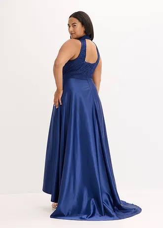 Dlouhé šaty z lesklého saténu, s krajkou, barva: půlnoční modrá