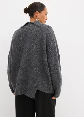 Trui met wol en een asymmetrische onderkant, Kleur: antraciet gemêleerd