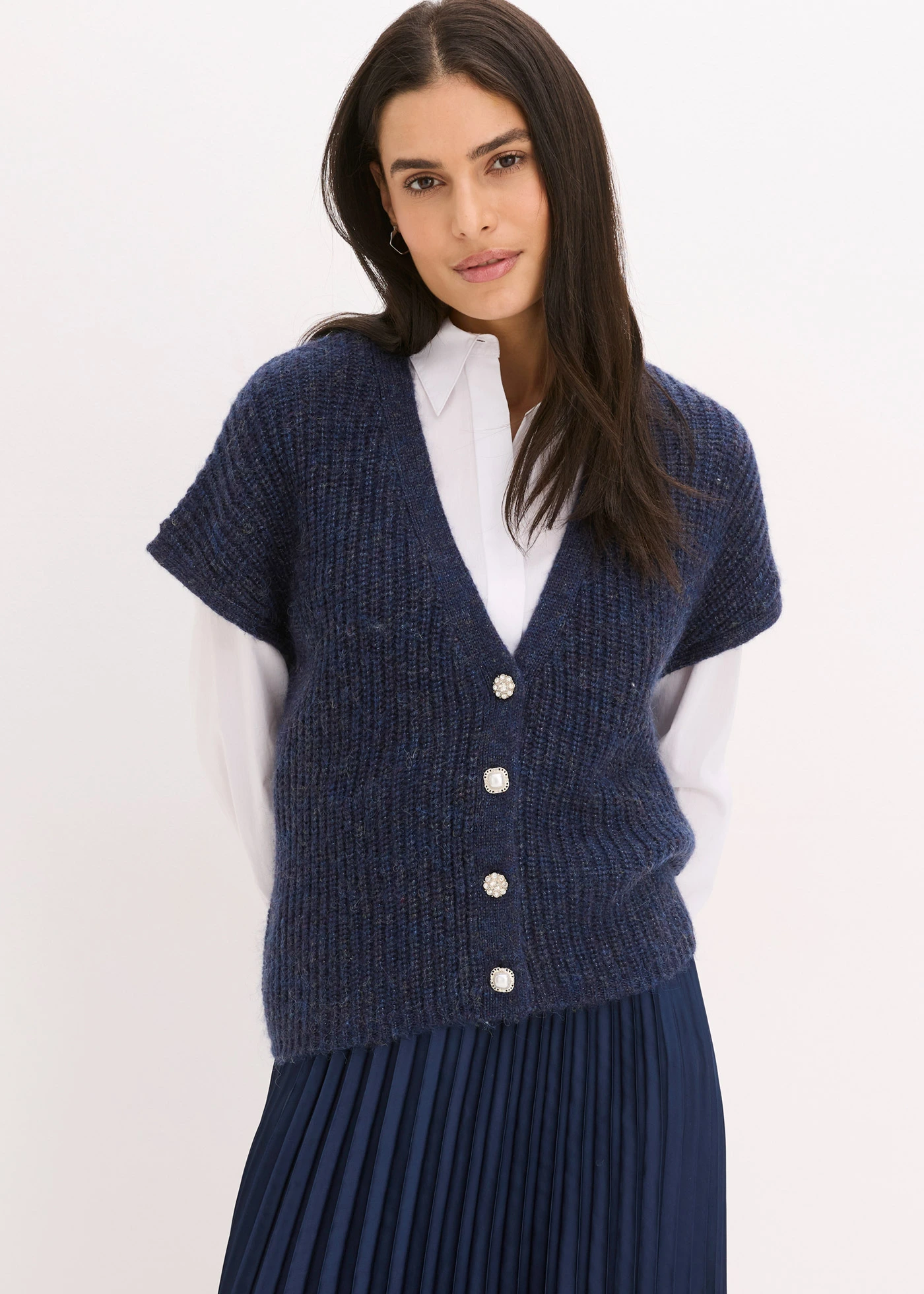 Gilet sans manches en laine mélangée avec boutons décoratifs • bleu foncé chiné • Boutique bonprix