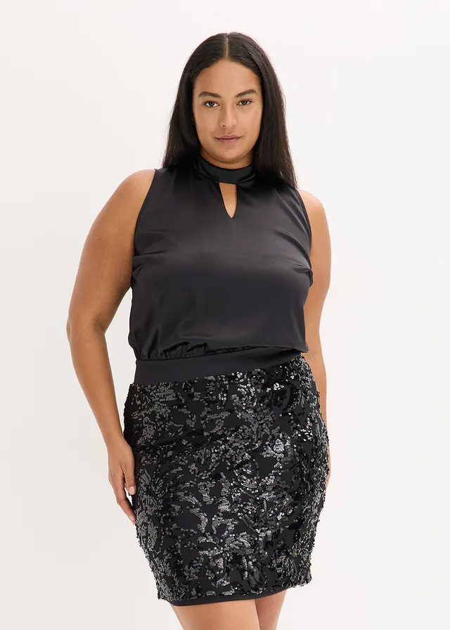 Midi jurk met pailletten, Kleur: zwart