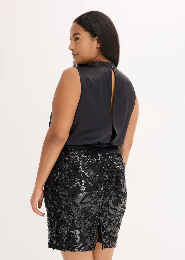 Midi jurk met pailletten, Kleur: zwart
