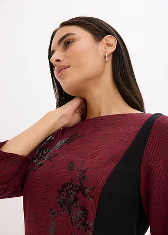 Rochie etui cu broderie cu paiete • roșu închis-negru cadrilat • magazin bonprix