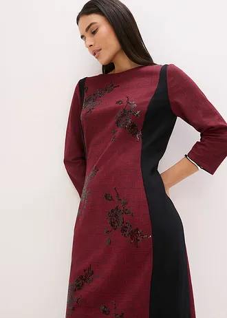 Rochie etui cu broderie cu paiete • roșu închis-negru cadrilat • magazin bonprix