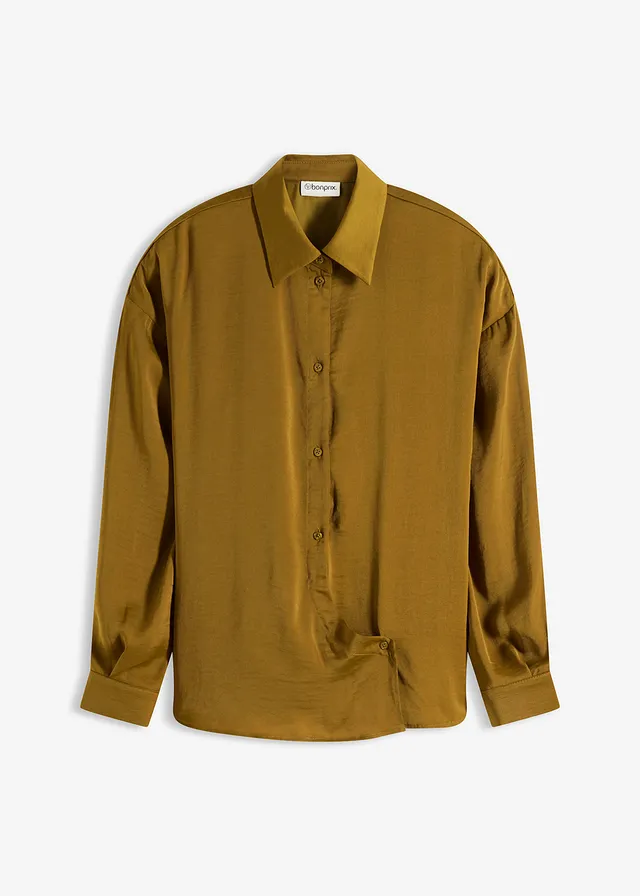 Overhemdblouse van soepel satijn, Kleur: mistelgroen