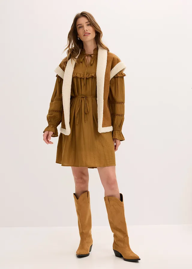 Gilet sans manches en sherpa, Couleur: cognac-écru