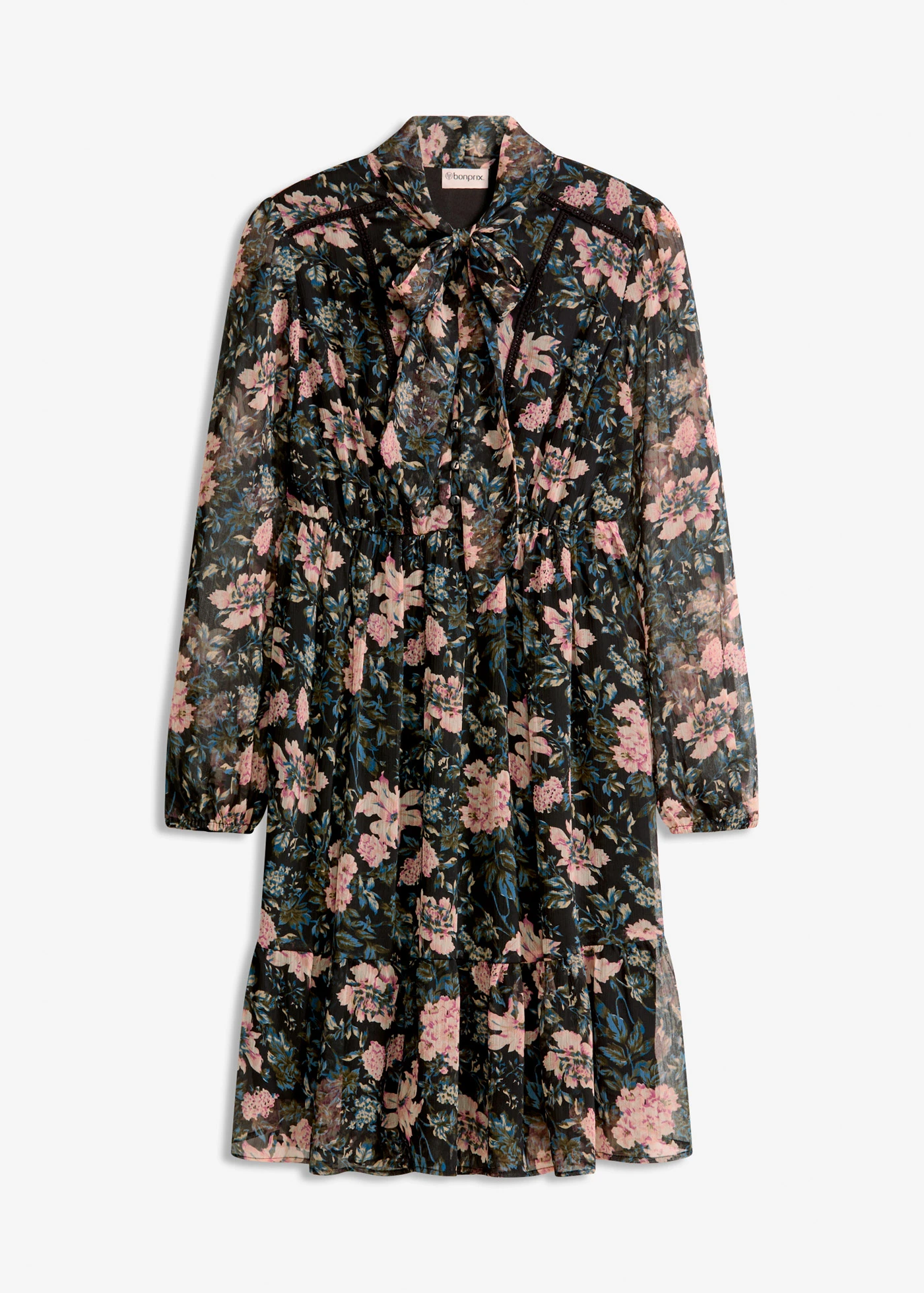 Gedessineerde jurk van chiffon • zwart gebloemd • bonprix online shop