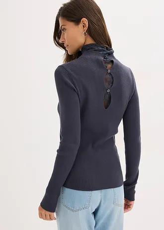 Pull côtelé en viscose mélangée fluide, Couleur: bleu nuit