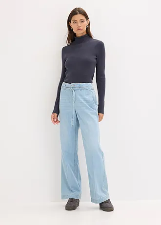 Pull côtelé en viscose mélangée fluide, Couleur: bleu nuit