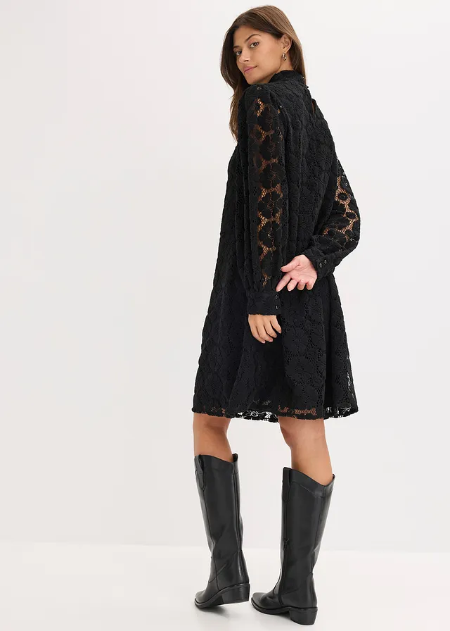 Kanten mini jurk, Kleur: zwart