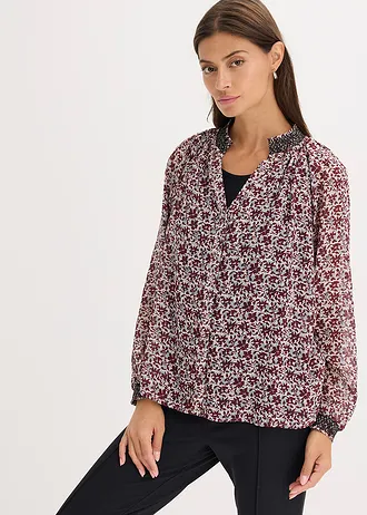 Gedessineerde chiffon blouse met borduursel, Kleur: wolwit