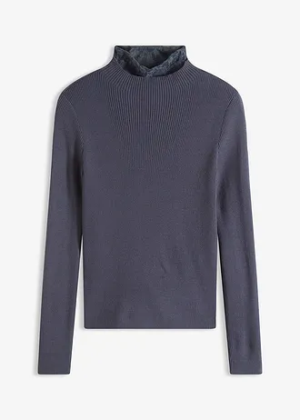 Pull côtelé en viscose mélangée fluide, Couleur: bleu nuit