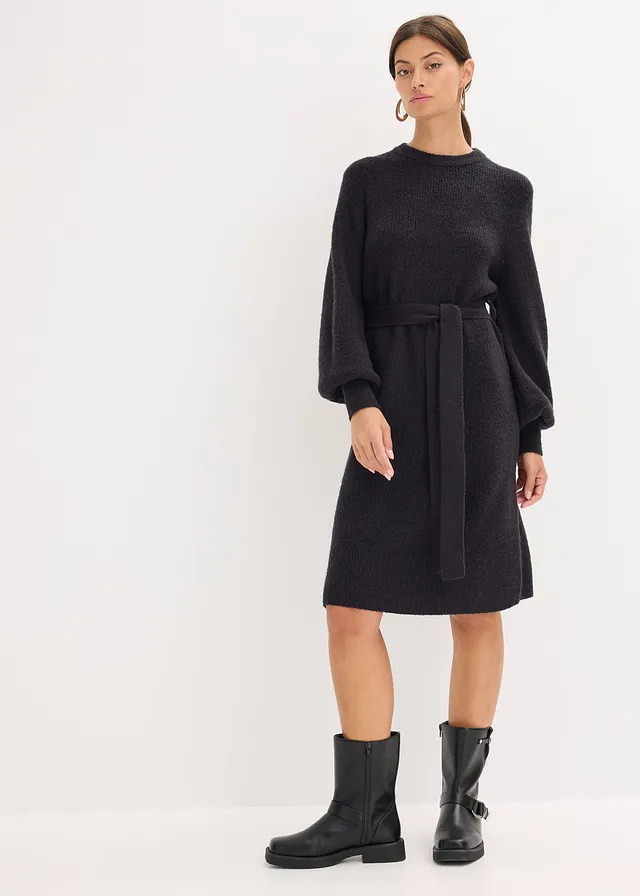 Gebreide jurk met ballonmouwen • zwart • bonprix online shop