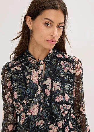 Gedessineerde jurk van chiffon • zwart gebloemd • bonprix online shop