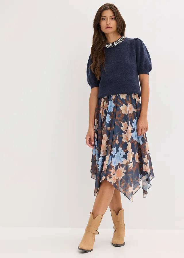 Pull avec application de strass, Couleur: bleu foncé-bleu nuit chiné