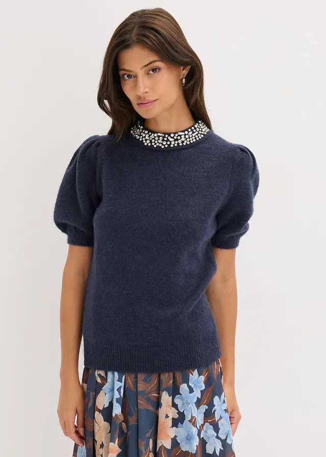 Pull avec application de strass, Couleur: bleu foncé-bleu nuit chiné