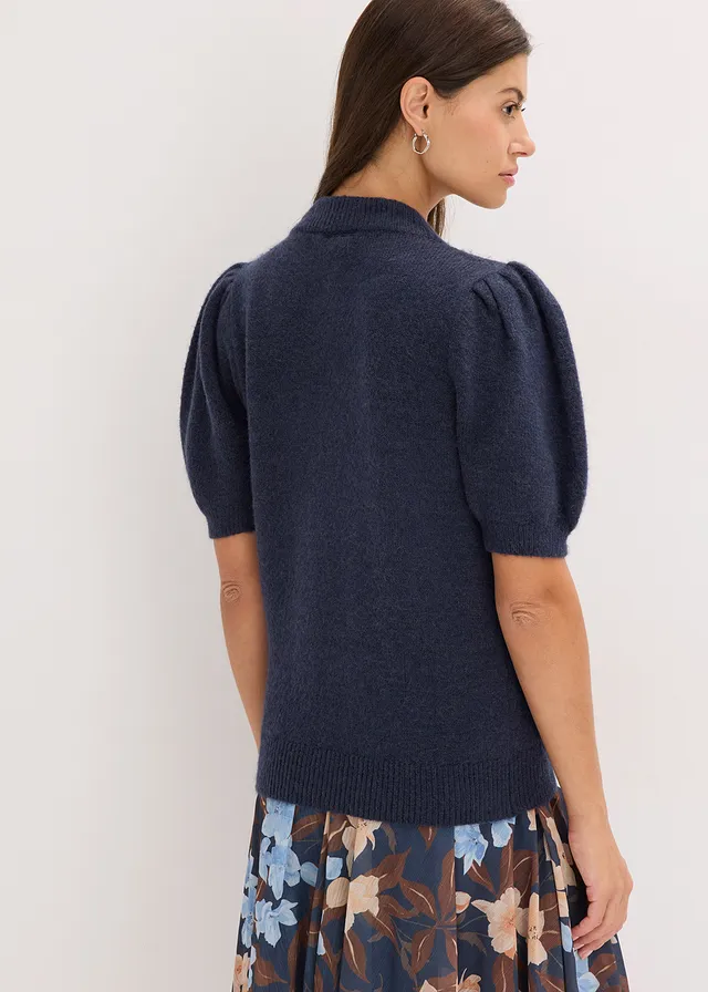 Pull avec application de strass, Couleur: bleu foncé-bleu nuit chiné