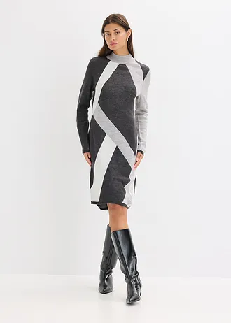 Rochie tricotată din jacquard cu dungi moderne • gri-antracit melanj/ecru/gri deschis melanj grafic • magazin bonprix