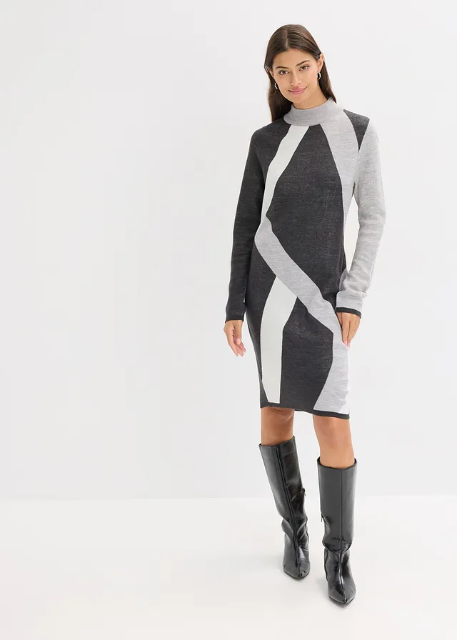 Gebreide jacquard jurk met trendy strepen • antraciet gemêleerd/wolwit/lichtgrijs gemêleerd • product-page.page-title-suffix