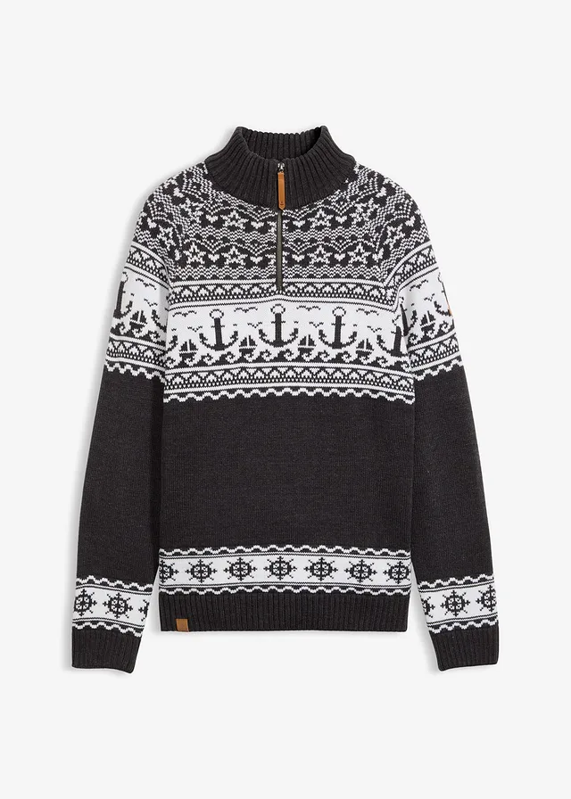 Pull camionneur à motif norvégien marin, Couleur: anthracite chiné-blanc norvégien