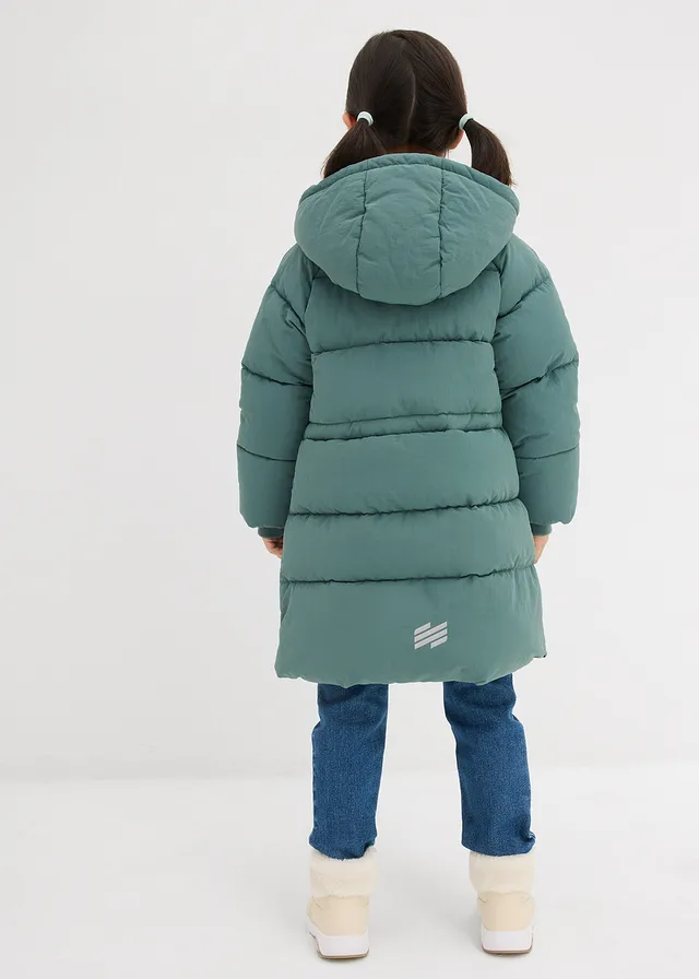 Warm gevoerde lange pufferjas met reflecterende details, Kleur: grijsgroen