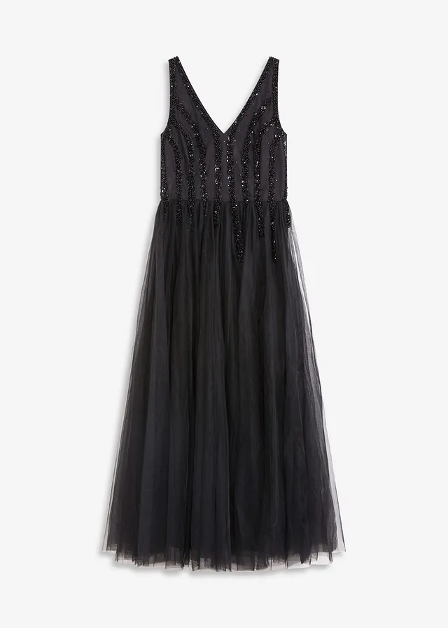 Robe longue en tulle fin avec sequins brodés • noir • Boutique bonprix