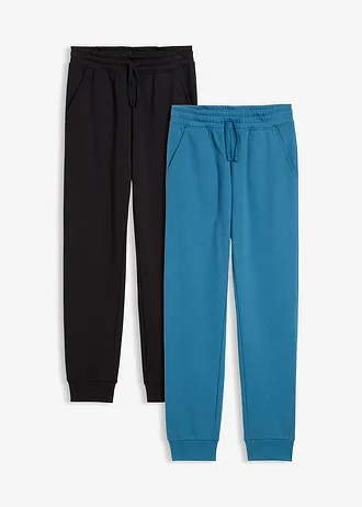 Lot de 2 pantalons de jogging doux en coton mélangé, Couleur: noir-bleu vert