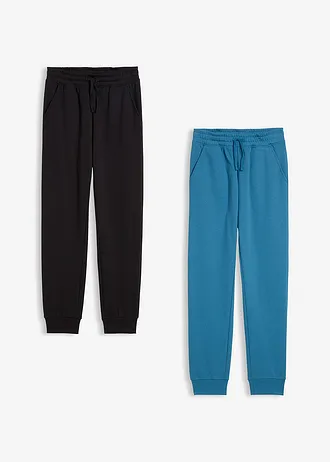 Spodnie joggingowe z miękkiej mieszanki bawełny (2 szt.) • czarny+niebieskozielony • sklep bonprix
