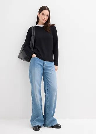 Bluză cu mâneci lungi din material cu viscoză cu guler înalt aplicat • negru/alb • magazin bonprix