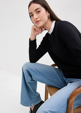 Bluză cu mâneci lungi din material cu viscoză cu guler înalt aplicat • negru/alb • magazin bonprix