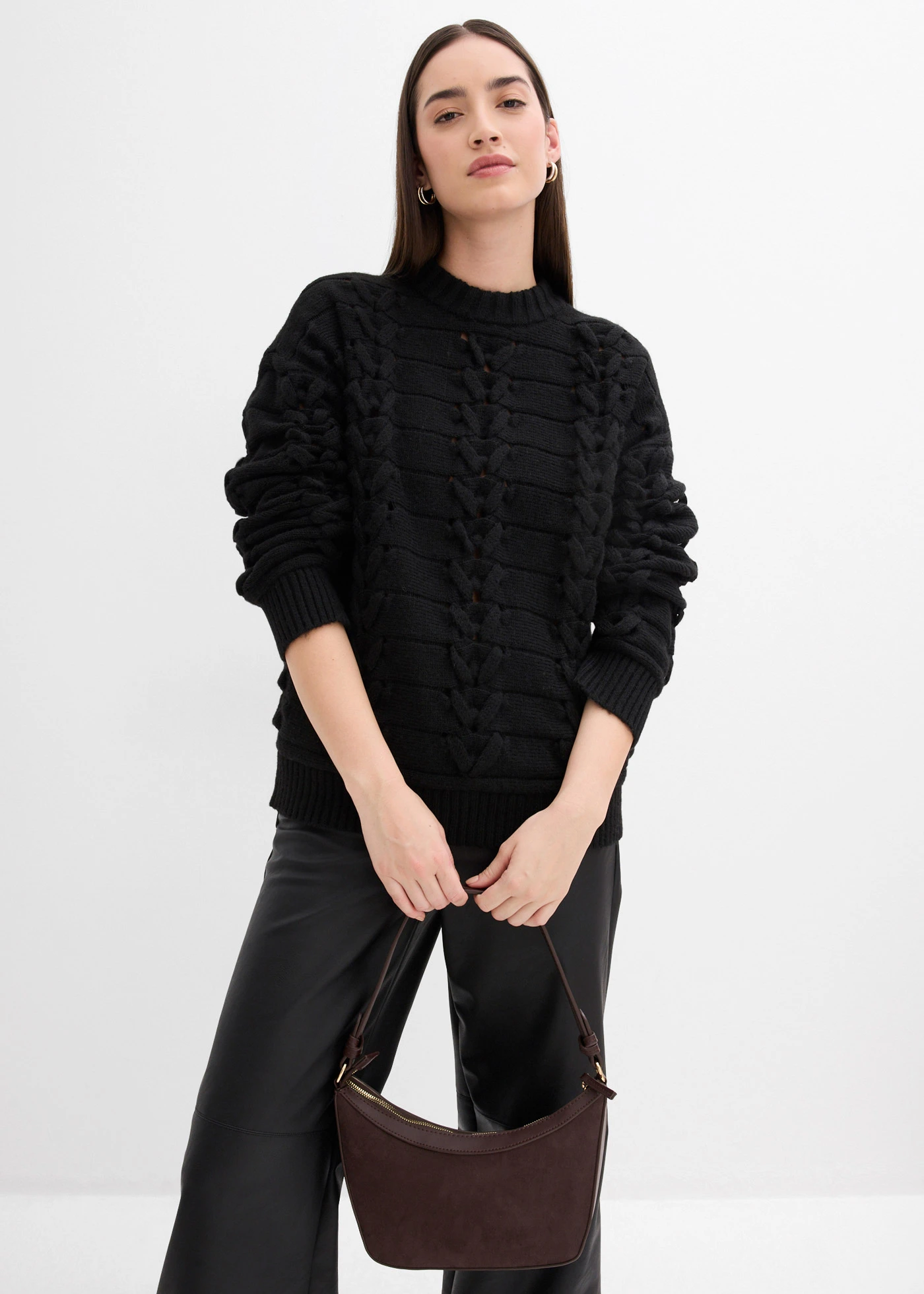 Pull en grosse maille à motif torsadé • noir • Boutique bonprix