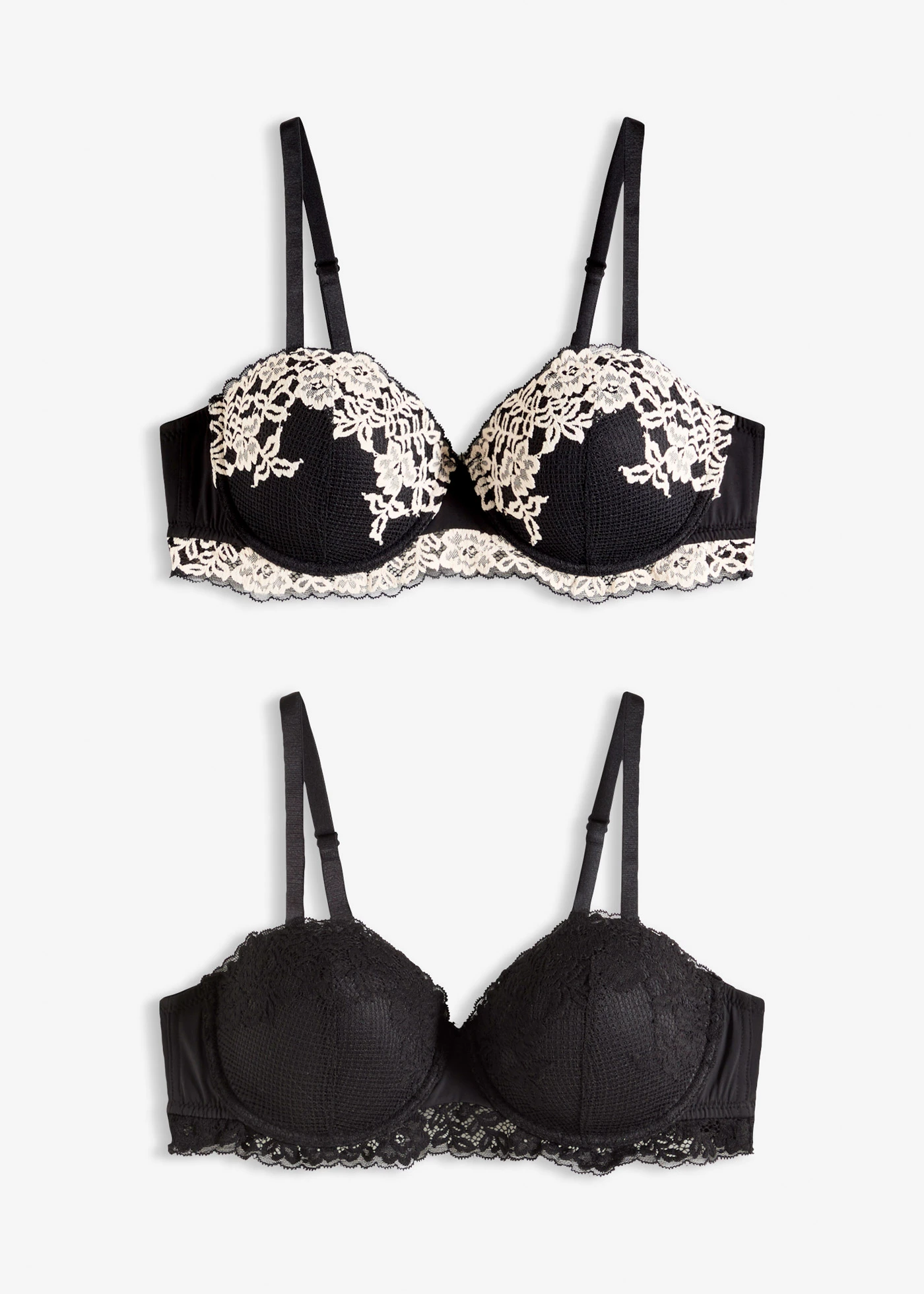 Lot de 2 soutiens-gorge balconnet avec dentelle bicolore • noir-écru + noir • Boutique bonprix