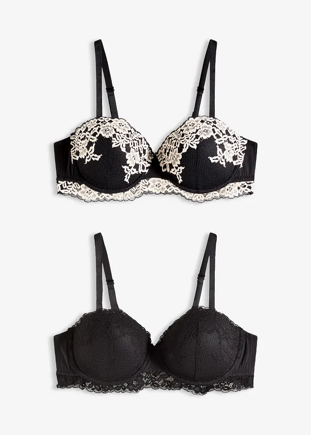 Lot de 2 soutiens-gorge balconnet avec dentelle bicolore • noir-écru + noir • Boutique bonprix
