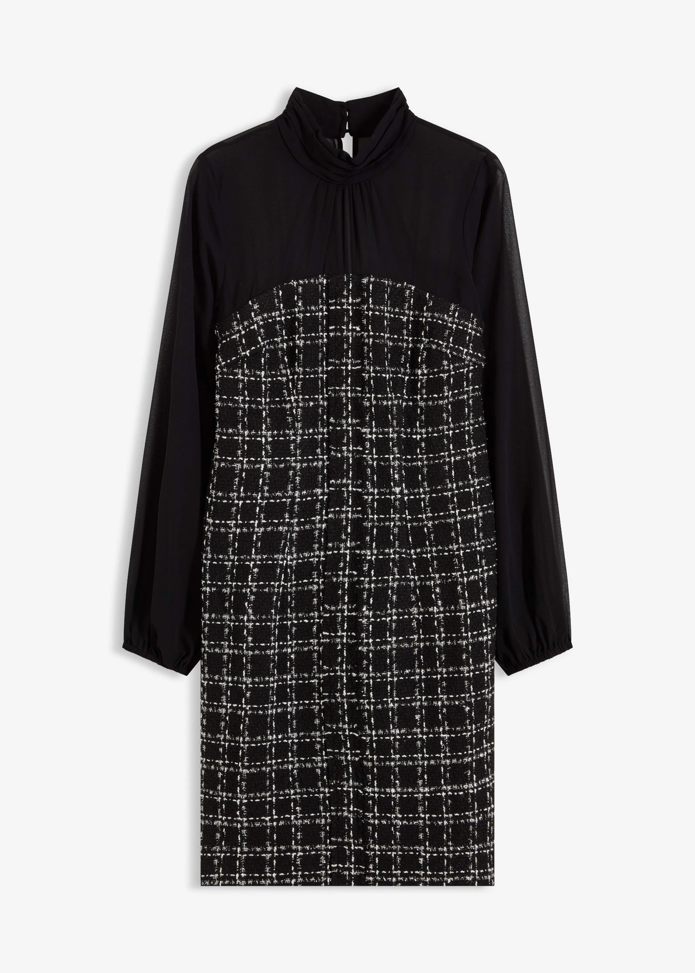 Rochie mini din fir bouclé cu mâneci din șifon • negru/alb cadrilat • magazin bonprix