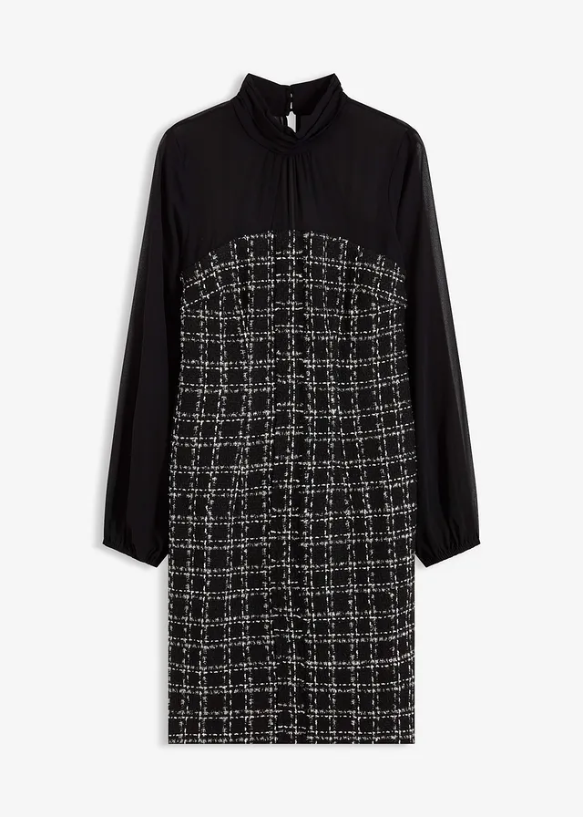 Rochie mini din fir bouclé cu mâneci din șifon • negru/alb cadrilat • magazin bonprix